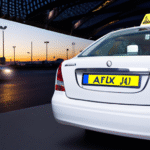 Un taxi blanc stationné devant le terminal de l'aéroport Charles de Gaulle, chauffeur accueillant prêt à aider un passager avec ses bagages, panneau CDG visible. L'image évoque confiance, disponibilité et professionnalisme pour un transfert Paris–CDG sere
