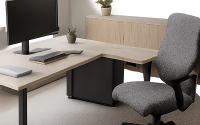 Un bureau en L met en valeur un coin de pièce en créant deux zones de travail distinctes. L’ensemble évoque un espace ergonomique, organisé et adapté à un usage intensif.