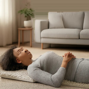 Une scène moderne illustrant l’usage d’un tapis d’acupression pour relâcher le corps en fin de journée. L’ambiance évoque la détente, la récupération et un rituel bien-être simple à la maison.