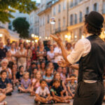 Artiste de rue réalisant un spectacle de jonglage devant un public familial rassemblé sur une place animée en soirée