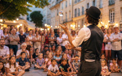 Artiste de rue réalisant un spectacle de jonglage devant un public familial rassemblé sur une place animée en soirée