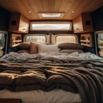 Un lit confortable avec coussins et couvertures dans un van