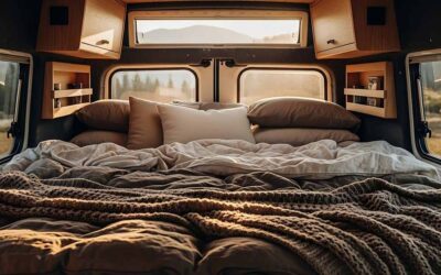 Un lit confortable avec coussins et couvertures dans un van