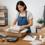 Une femme emballe des vêtements dans une boîte, entourée de matériel d'expédition