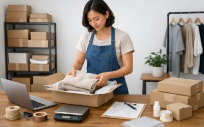 Une femme emballe des vêtements dans une boîte, entourée de matériel d'expédition